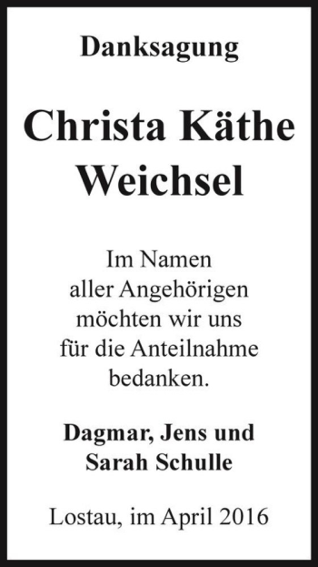 Traueranzeige von Christa Käthe Weichsel  von Magdeburger Volksstimme