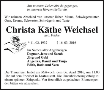 Traueranzeige von Christa Käthe Weichsel (geb. Friebe)  von Magdeburger Volksstimme