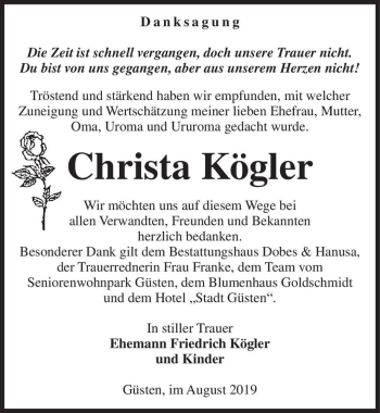 Traueranzeige von Christa Kögler  von Magdeburger Volksstimme