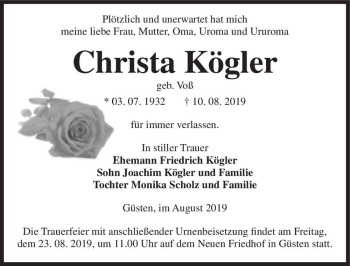 Traueranzeige von Christa Kögler (geb. Voß)  von Magdeburger Volksstimme