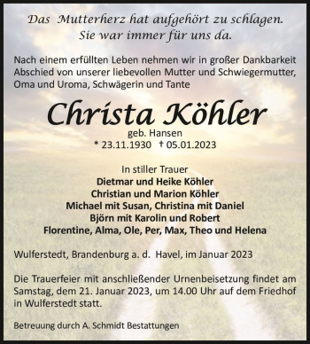 Traueranzeige von Christa Köhler (geb. Hansen)  von Magdeburger Volksstimme