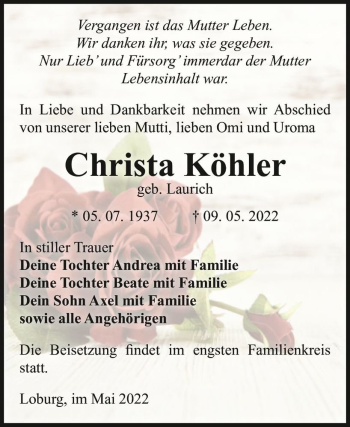Traueranzeige von Christa Köhler (geb. Laurich)  von Magdeburger Volksstimme