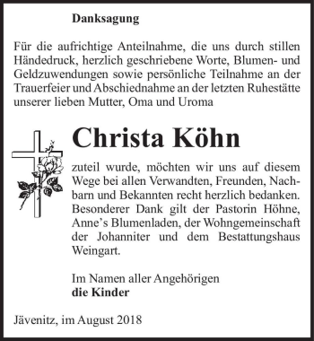 Traueranzeige von Christa Köhn  von Magdeburger Volksstimme