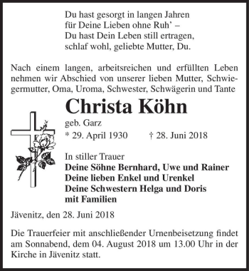 Traueranzeige von Christa Köhn (geb. Garz)  von Magdeburger Volksstimme