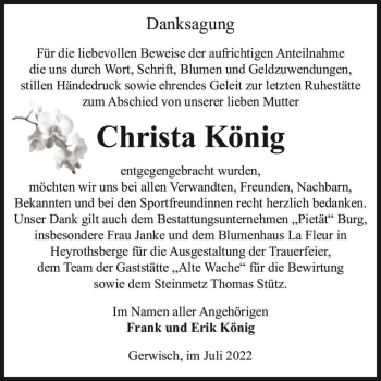 Traueranzeige von Christa König  von Magdeburger Volksstimme