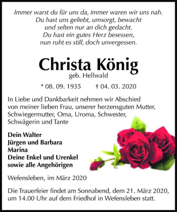 Traueranzeige von Christa König (geb. Hellwald)  von Magdeburger Volksstimme