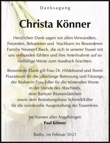 Traueranzeige von Christa Könner  von Magdeburger Volksstimme