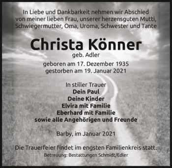 Traueranzeige von Christa Könner (geb. Adler)  von Magdeburger Volksstimme
