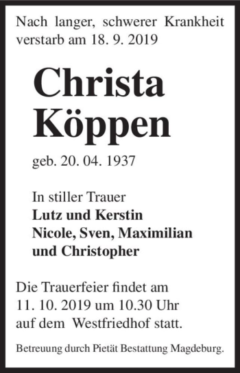 Traueranzeige von Christa Köppen  von Magdeburger Volksstimme