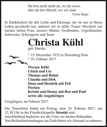 Traueranzeige von Christa Kühl (geb. Harzke)  von Magdeburger Volksstimme