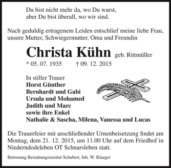 Traueranzeige von Christa Kühn (geb. Rittmüller)  von Magdeburger Volksstimme