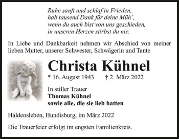 Traueranzeige von Christa Kühnel  von Magdeburger Volksstimme