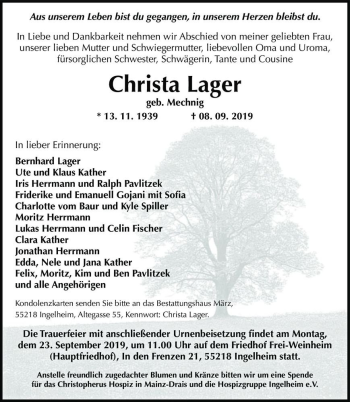 Traueranzeige von Christa Lager (geb. Mechnig)  von Magdeburger Volksstimme