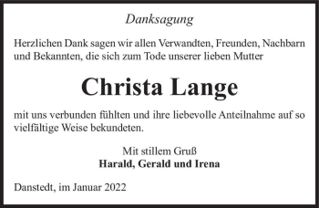 Traueranzeige von Christa Lange  von Magdeburger Volksstimme