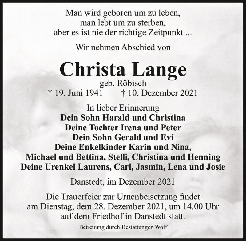  Traueranzeige für Christa Lange (geb. Röbisch)  vom 18.12.2021 aus Magdeburger Volksstimme