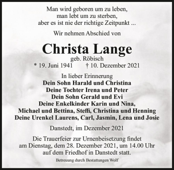 Traueranzeige von Christa Lange (geb. Röbisch)  von Magdeburger Volksstimme