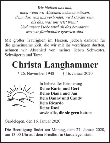 Traueranzeige von Christa Langhammer  von Magdeburger Volksstimme