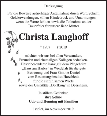 Traueranzeige von Christa Langhoff  von Magdeburger Volksstimme