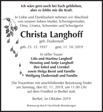 Traueranzeige von Christa Langhoff (geb. Duderstadt)  von Magdeburger Volksstimme