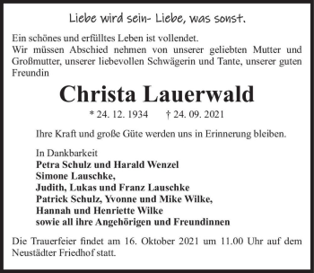 Traueranzeige von Christa Lauerwald  von Magdeburger Volksstimme