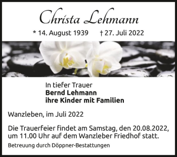 Traueranzeige von Christa Lehmann  von Magdeburger Volksstimme