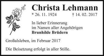 Traueranzeige von Christa Lehmann  von Magdeburger Volksstimme