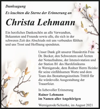 Traueranzeige von Christa Lehmann  von Magdeburger Volksstimme