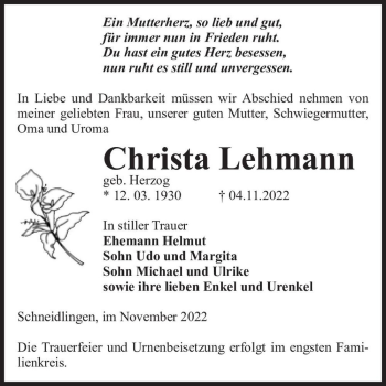 Traueranzeige von Christa Lehmann (geb. Herzog)  von Magdeburger Volksstimme