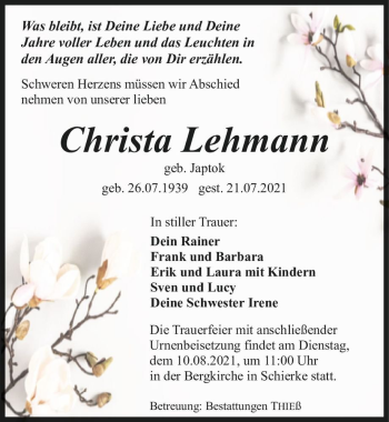 Traueranzeige von Christa Lehmann (geb. Japtok)  von Magdeburger Volksstimme
