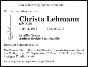 Traueranzeige von Christa Lehmann (geb. Kohl)  von Magdeburger Volksstimme