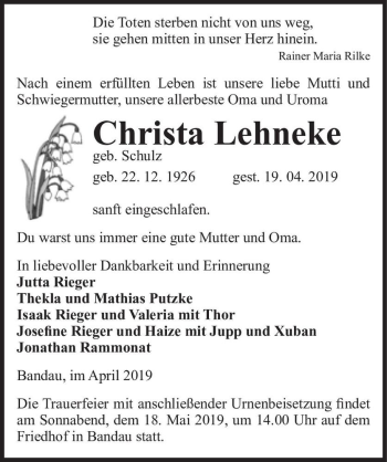 Traueranzeige von Christa Lehneke (geb. Schulz)  von Magdeburger Volksstimme