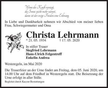 Traueranzeige von Christa Lehrmann  von Magdeburger Volksstimme