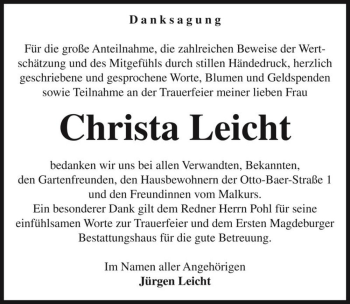 Traueranzeige von Christa Leicht  von Magdeburger Volksstimme