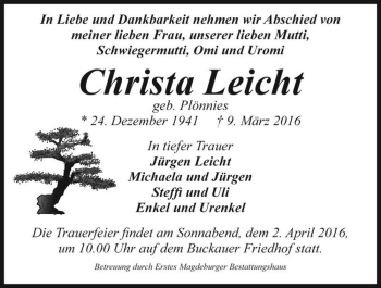 Traueranzeige von Christa Leicht (geb. Plönnies)  von Magdeburger Volksstimme