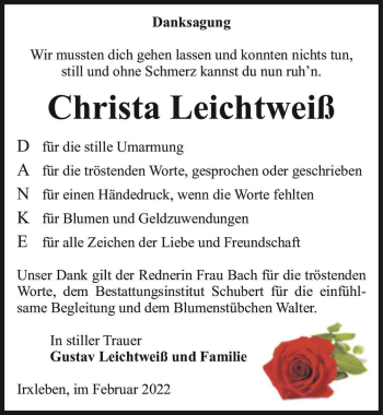 Traueranzeige von Christa Leichtweiß  von Magdeburger Volksstimme