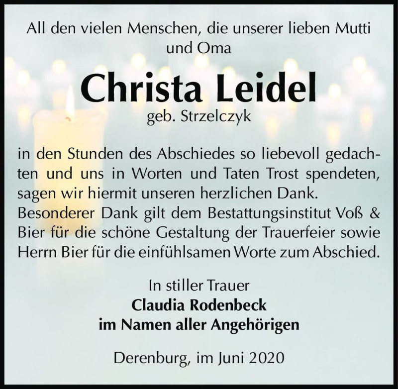  Traueranzeige für Christa Leidel (geb. Strzelczyk)  vom 27.06.2020 aus Magdeburger Volksstimme