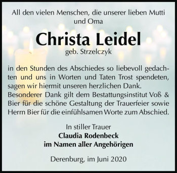 Traueranzeige von Christa Leidel (geb. Strzelczyk)  von Magdeburger Volksstimme