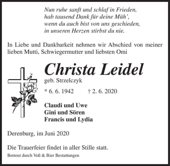 Traueranzeige von Christa Leidel (geb. Strzelczyk)  von Magdeburger Volksstimme