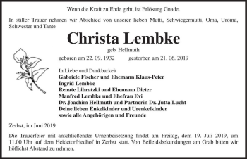 Traueranzeige von Christa Lembke (geb. Hellmuth)  von Magdeburger Volksstimme