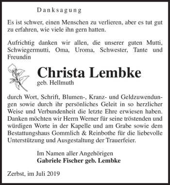 Traueranzeige von Christa Lembke (geb. Hellmuth)  von Magdeburger Volksstimme