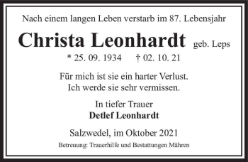 Traueranzeige von Christa Leonhardt (geb. Leps)  von Magdeburger Volksstimme