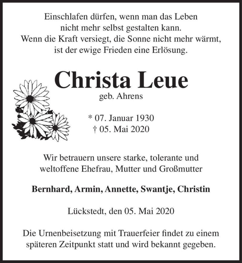  Traueranzeige für Christa Leue (geb. Ahrens)  vom 07.05.2020 aus Magdeburger Volksstimme