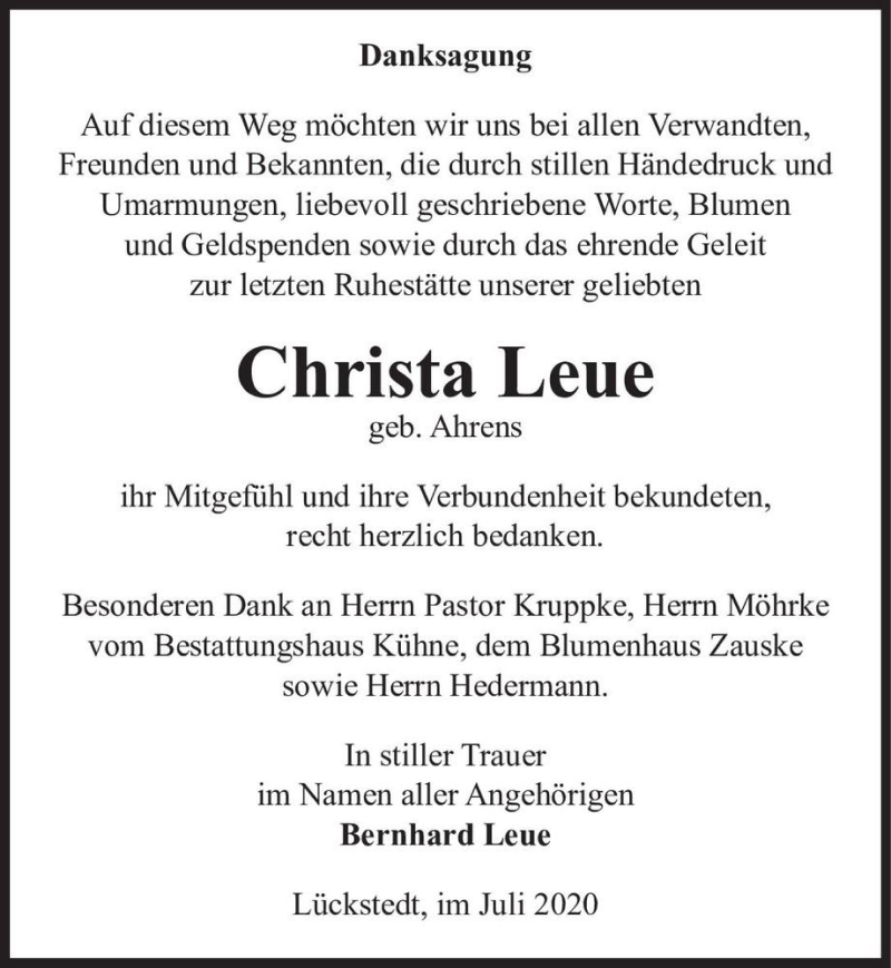  Traueranzeige für Christa Leue (geb. Ahrens)  vom 04.07.2020 aus Magdeburger Volksstimme