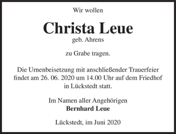 Traueranzeige von Christa Leue (geb. Ahrens)  von Magdeburger Volksstimme