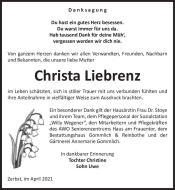 Traueranzeige von Christa Liebrenz  von Magdeburger Volksstimme