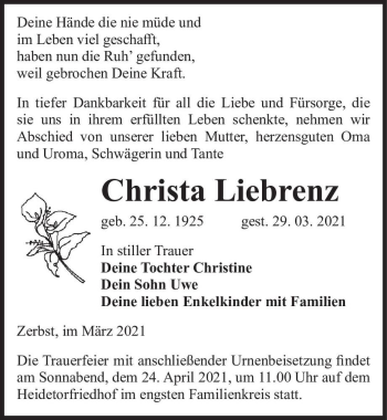 Traueranzeige von Christa Liebrenz  von Magdeburger Volksstimme