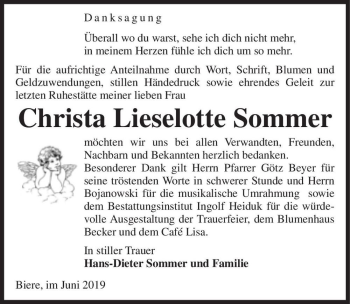 Traueranzeige von Christa Lieselotte Sommer  von Magdeburger Volksstimme