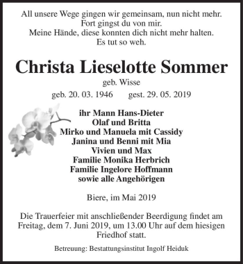 Traueranzeige von Christa Lieselotte Sommer (geb. Wisse)  von Magdeburger Volksstimme