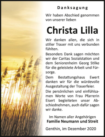 Traueranzeige von Christa Lilla  von Magdeburger Volksstimme