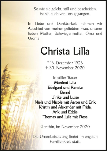Traueranzeige von Christa Lilla  von Magdeburger Volksstimme